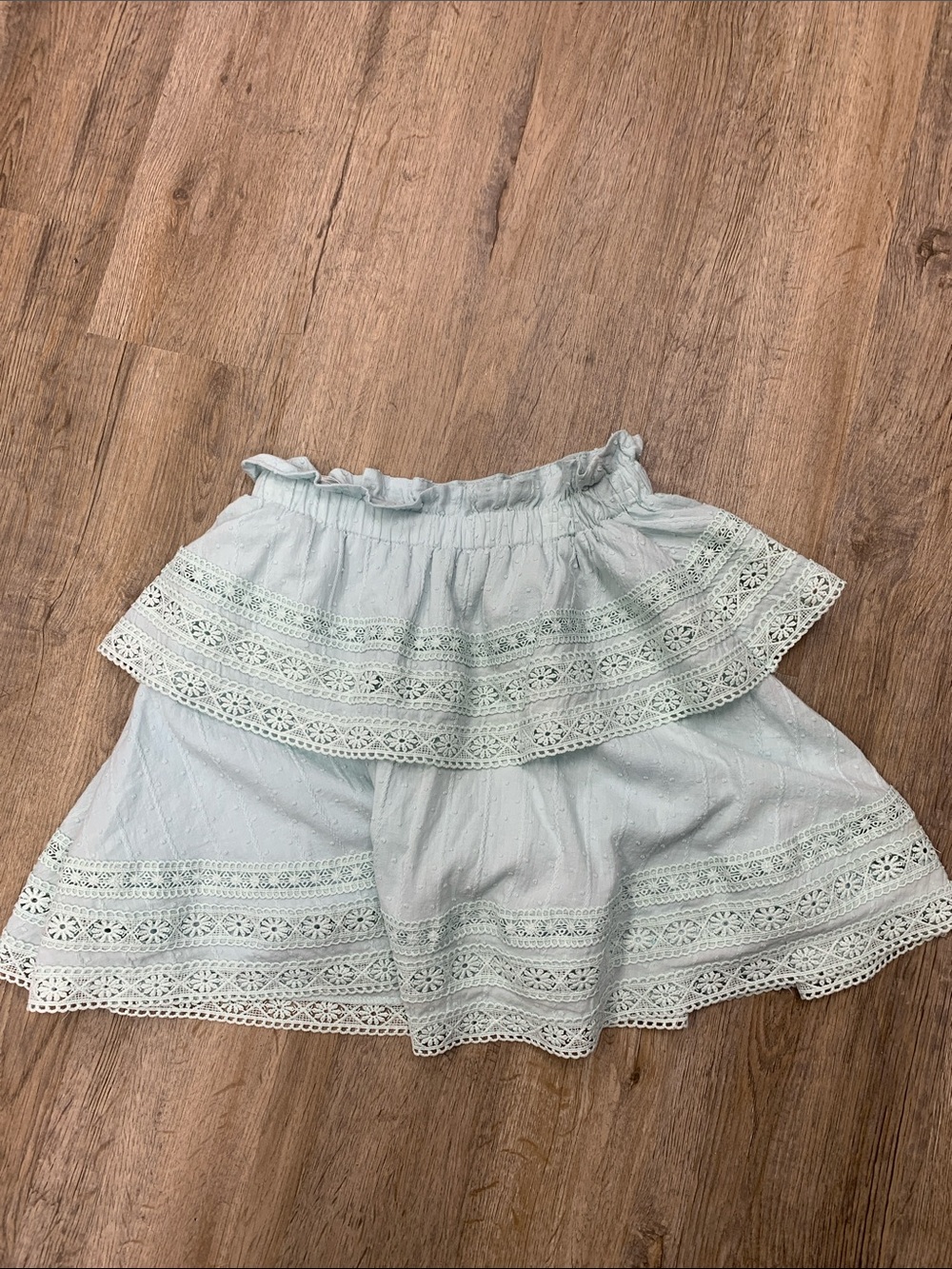 The Shirt by Rochelle Behrens Pale Blue Tiered Lace-Trim Mini Skirt